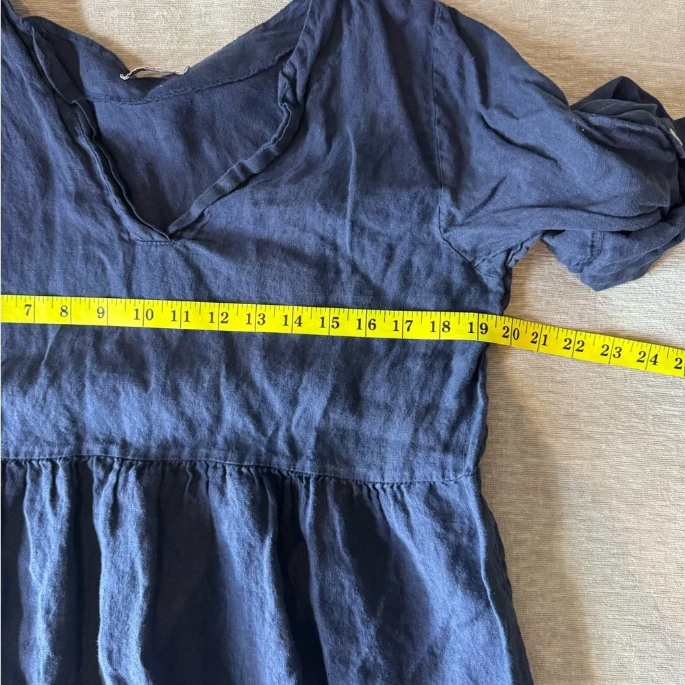 Bellamie 100% Linen Navy Blue Tiered Babydoll Shift Dress Roll Tab Sleeves M